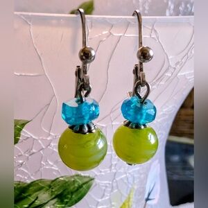Lustrous Chartreuse And Sea Blue Beaded Drop Earrings
